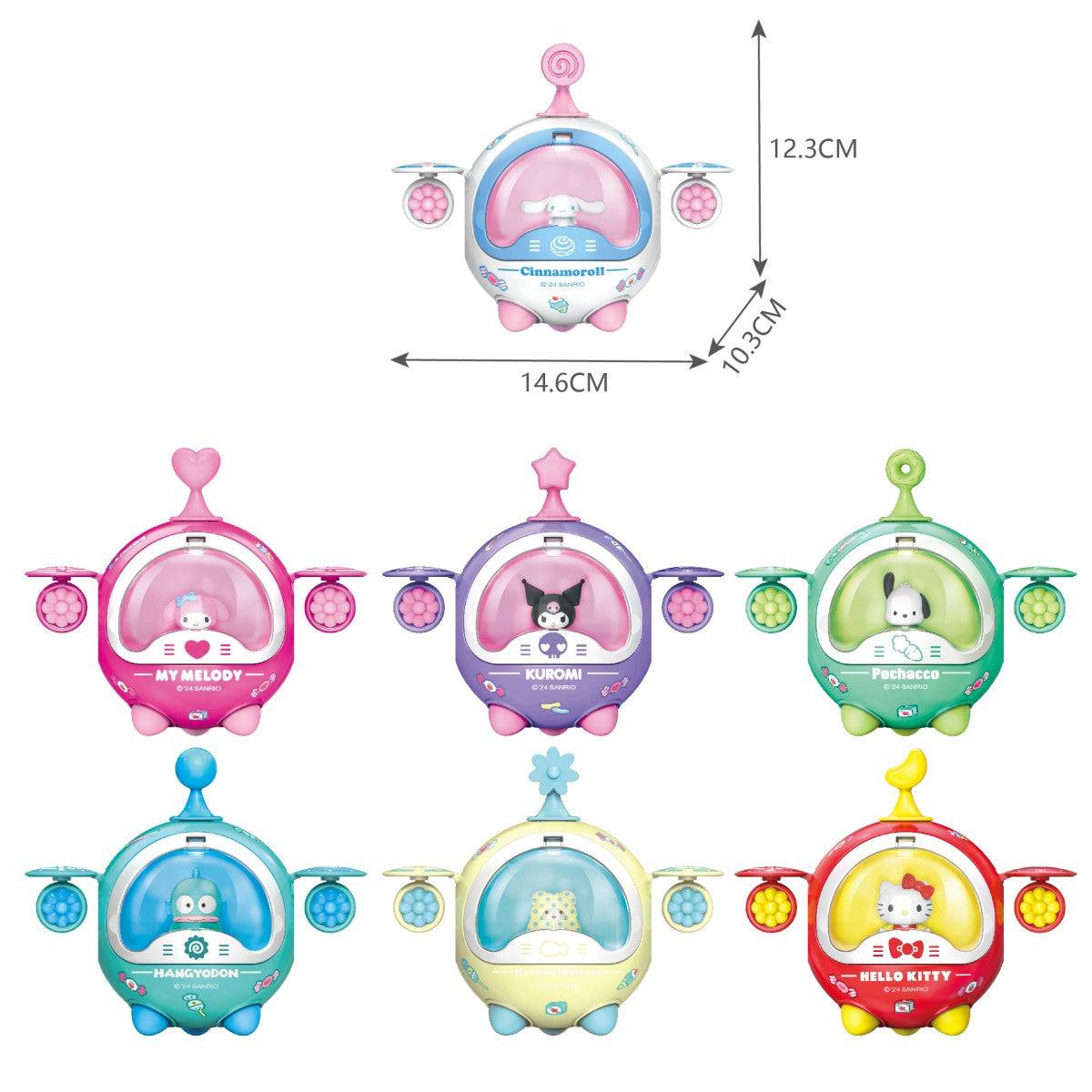 Sanrio Family Twisted Egg Spaceship Series Blind Box Toys featuring six colorful spaceship designs with characters like Hello Kitty, My Melody, and Pochacco. Dimensions are labeled for each toy.